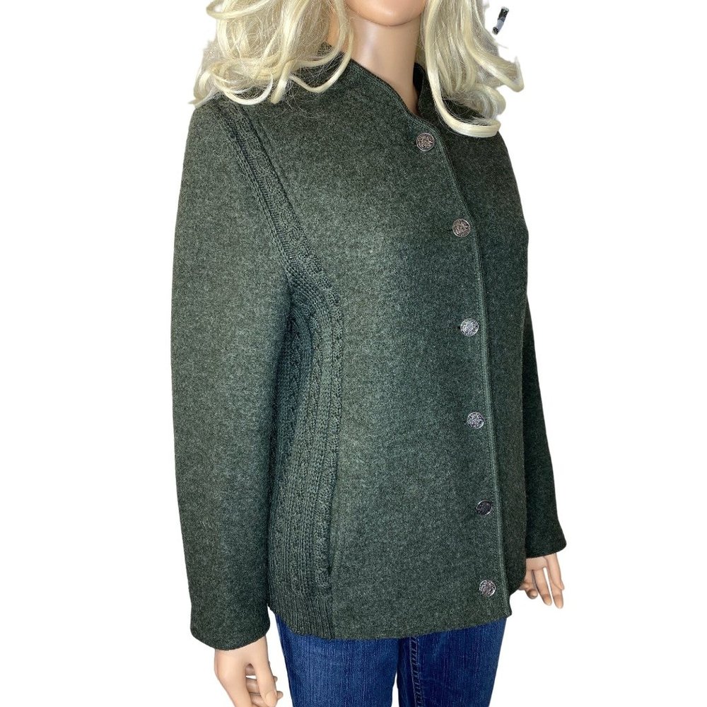 Vintage German Wool Cardigan Archbishopric of Mainz 1765 Coin Buttons Green M HT - Picture 2 of 16